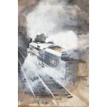 Unframed watercolour steam train signed Nicholson