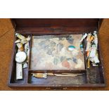 Edwardian mahogany artist portable box/case with brass swan neck drop handle. Lots of tubes of oil p