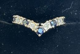 9ct Gold wishbone ring set with 5 sapphires & 4 di
