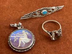 Silver brooch set with turquoise, silver butterfly