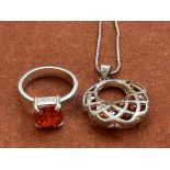 Silver & red stone necklace & ring