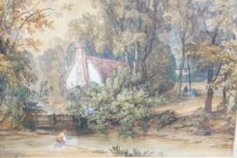 Early watercolour cottage and fishing scene