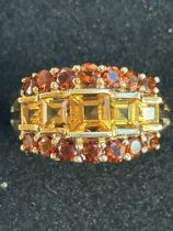 9ct Gold ring set with 14 garnets & 5 amber stones
