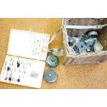 Fly fishing basket, flies, 2 reels and others