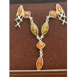 Boxed silver & amber necklace & earring set