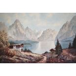 Large oil on board mountain lake scene indistinct