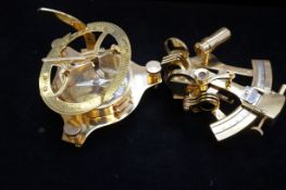 Sextant and brass sundial compass