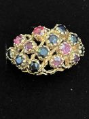 9ct Gold cluster ring set with rubies & sapphire S