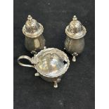 Silver cruet set, mustard pot with blue liner Weig