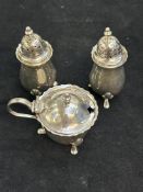 Silver cruet set, mustard pot with blue liner Weig