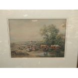 Framed watercolour cattle scene, monogram TB