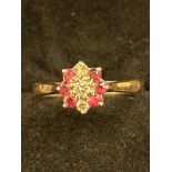 18ct Gold ring set with 3 diamonds & 6 rubies Size