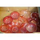 Box of Victorian cranberry glass