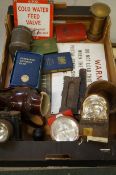 Box of vintage signs, lamps & others