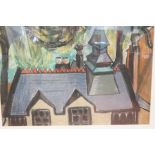 In the manor of Theodore Major - pastel titled roof tops, Henry Donn gallery label to verso. 66 cm x