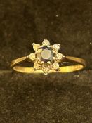 9ct Gold ring set wth central sapphire surrounded