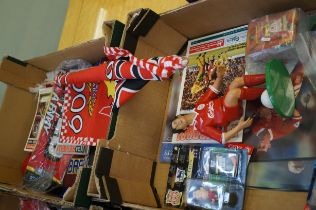 Box of football memorabilia to include scarfs, fla