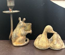 Bronze candle stick & Bronze duck figure