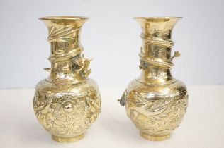 Pair of Chinese brass vases, heavily marked to bas