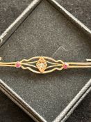 Gold pin brooch diamonds & rubies