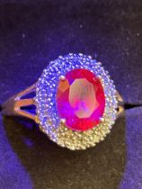 9ct Gold ring set with large ruby & diamonds Size