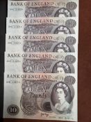 5x 1960's 10 pound notes all with consecutive numb