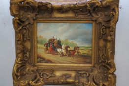Oil on board coach scene with large heavy framed