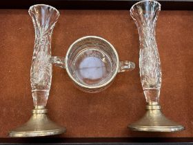 Silver clad loving cup together with a pair of sil