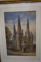 Signed watercolour church scene dated 1877 Hughson