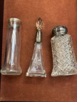 Silver topped sugar sifter, silver rim scent bottl