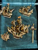 4x Ship pin brooches & 1 other