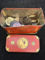 Collection of early coins in a edwardian money box