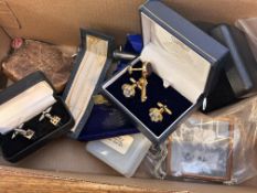 Box of unsorted cufflinks to include a Cross pen