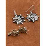Silver halloween spider & webb earrings