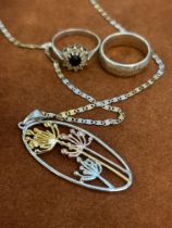2 Silver rings & tri colour silver chain & pendant