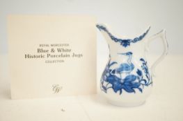 Worcester blue & white jug with coa titled Heron o