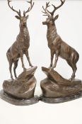 Pair of large & heavy bronze stags on marble bases