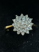 9ct Gold diamond cluster ring Size O 3.1g