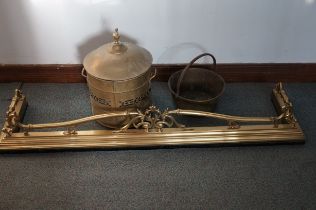 Brass coal bucket, brass jam pan & brass fire surr