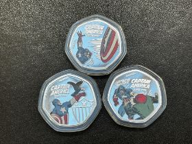 3x Collectable Marvel 50p coins - Captain America