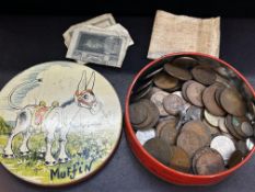 Early tin with coin & note collection