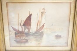 Early framed watercolour boat & light houses signe