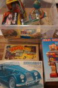 Box of vintage toys/games to include model vehicle