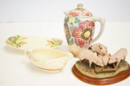 Clarice Cliff gravy boat & bowl, Kensington teapot