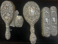 Silver brush & mirror set & 2 silver rim vases