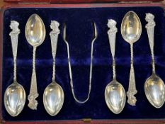 Boxed set victorian silver spoons & tongs Birmingh