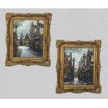 A pair of gilt framed oil on canvas depicting street scenes, indistinct signature, total size 40cm x