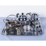 A vintage Swan tea service and tray together with other silver plated items