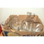 A box containing catering ware, carafes, Pyrex mixing, serving bowls and dishes