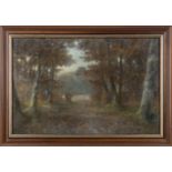 A large framed watercolour depicting a woodland scene, indistinct signature 50cm x 68cm